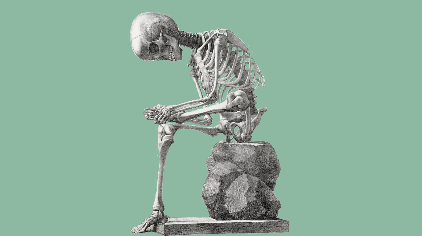 A vintage illustration of a human skeleton sat on a rock, its left ankle on its right knee in a stretching position