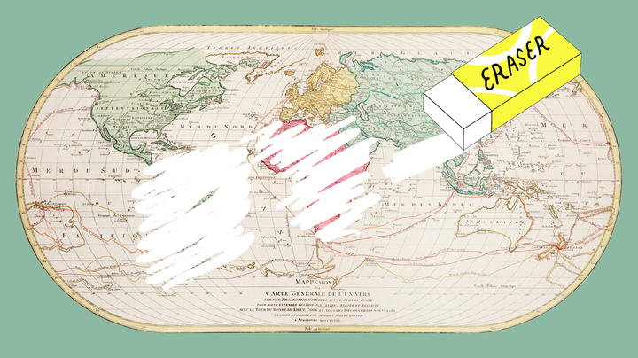 A vintage map of the world with an eraser on top. South America, Africa and South Asia have been erased.