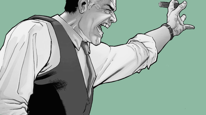 A comic illustration in black and white of a middle-aged white man in business wear yelling and gesturing at his staff.